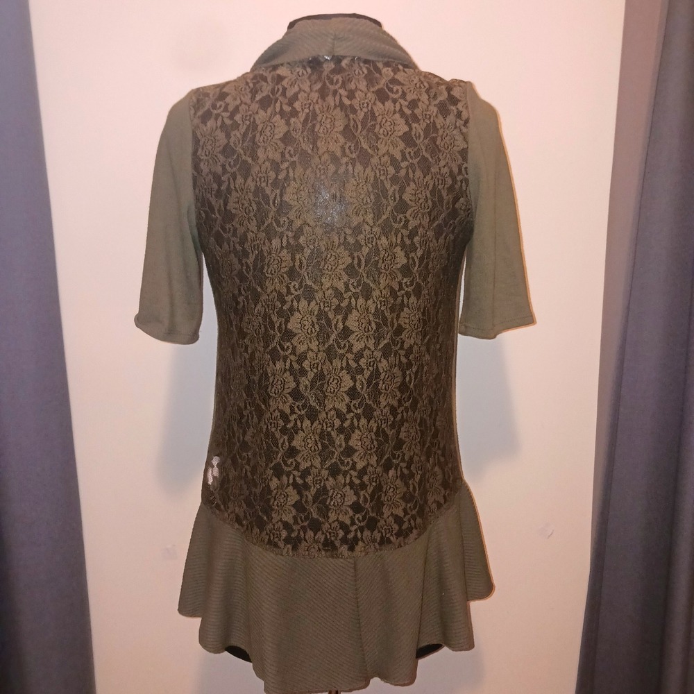 Vintage Boho Romantic Decree Olive Green Lace Back Peplum Cardigan  Top L